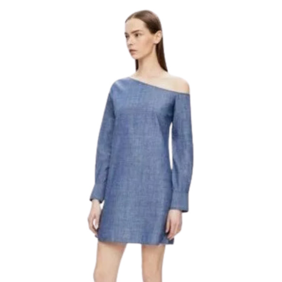 THEORY Ulrika Chambray Denim One Shoulder Long Sleeve Shift Dress Women's 6 - Picture 1 of 6